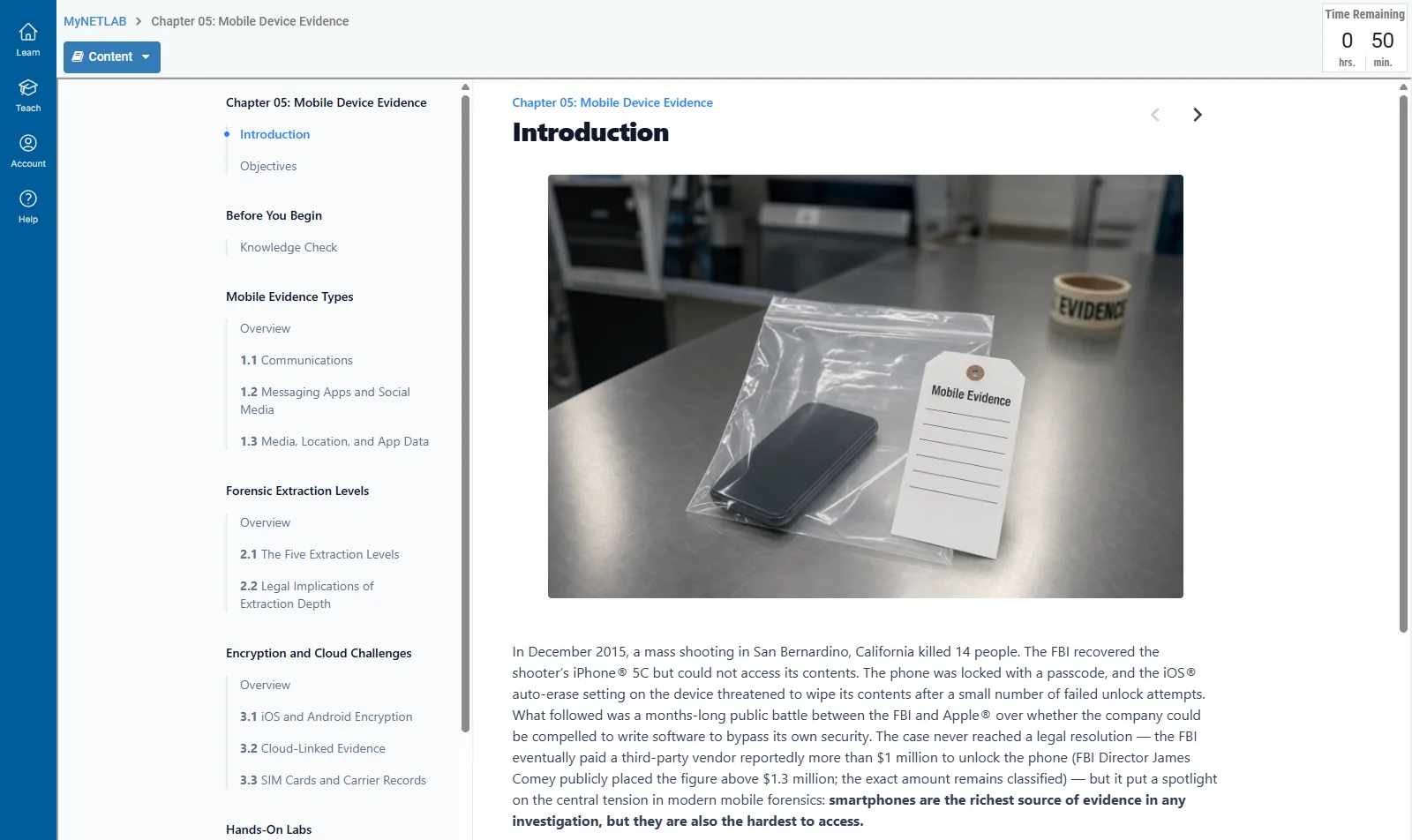 NDG Online coursebook for Chapter 05, Mobile Device Evidence, with the chapter outline beside an introduction that opens with a real case