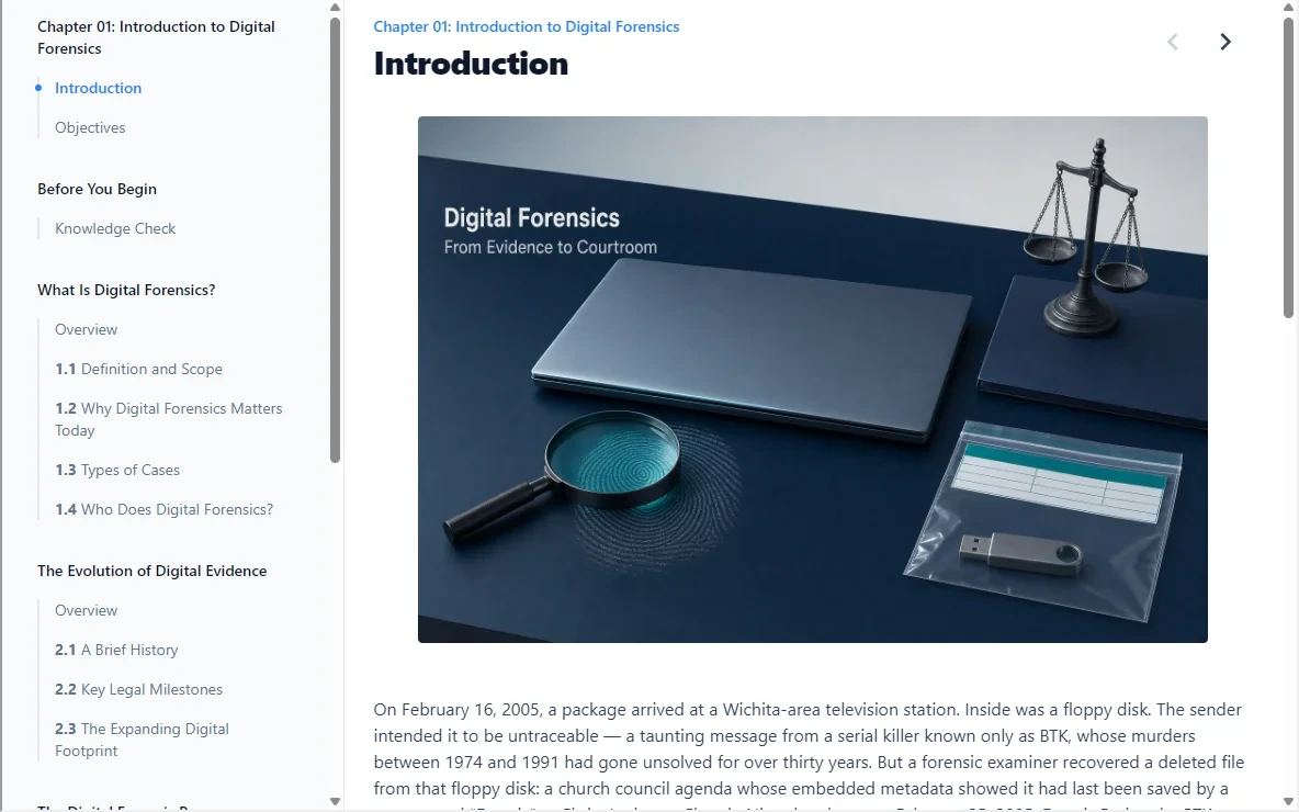 The Digital Forensics: From Evidence to Courtroom coursebook in the browser: chapter navigation beside a plain-language introduction that opens with a real case