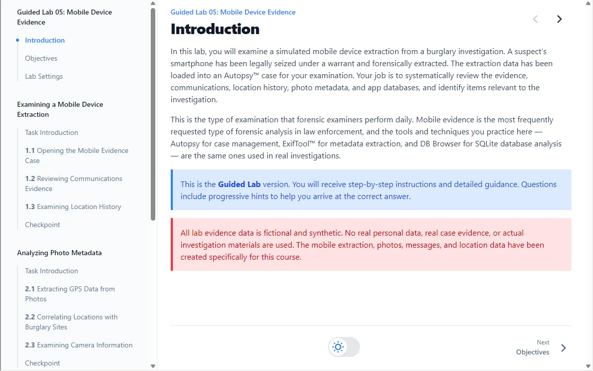 Guided lab instructions with numbered tasks and checkpoints for examining a simulated mobile device extraction