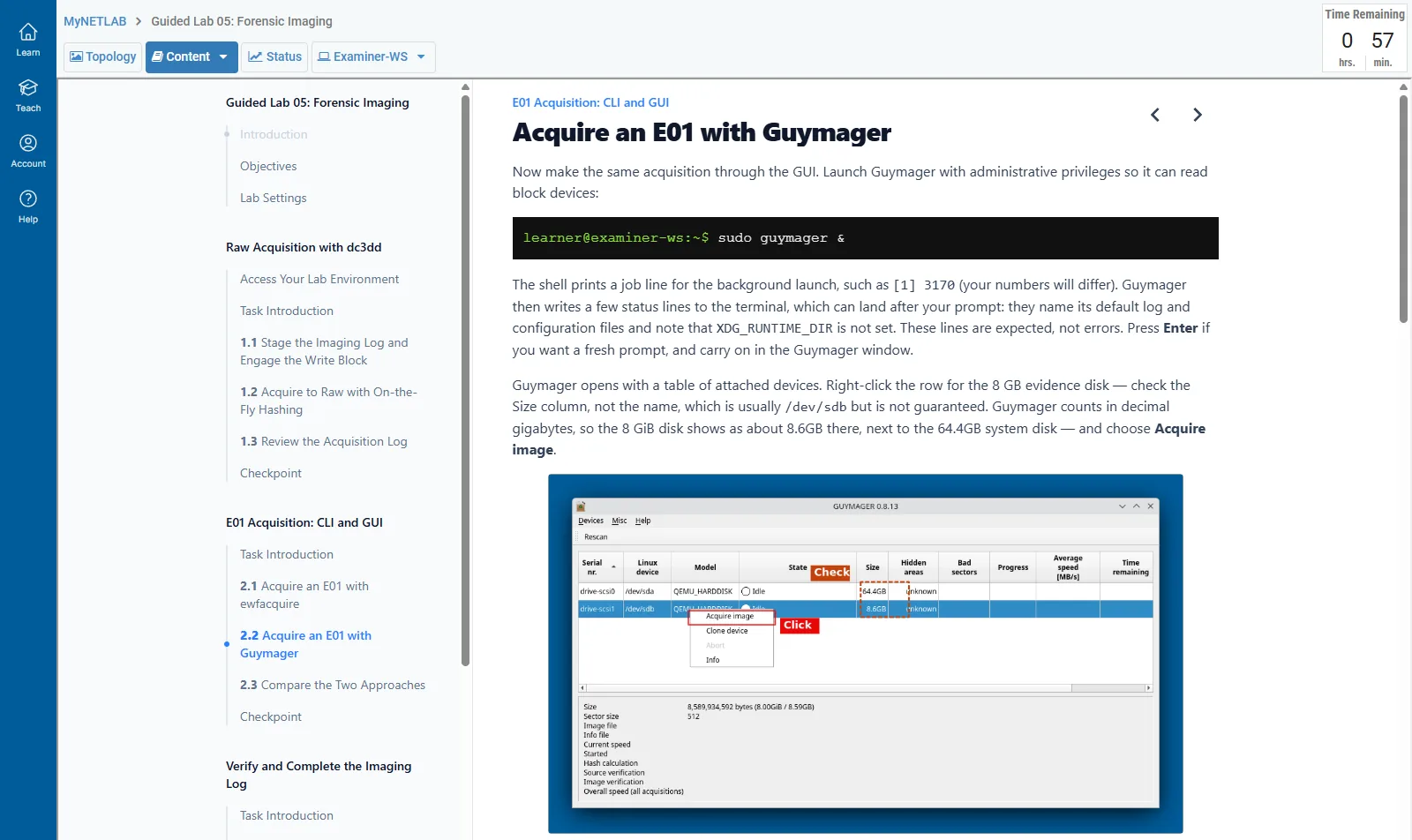 NDG lab interface on the Content tab: the guided lab step for acquiring an E01 with Guymager, with the command and an annotated screenshot, beside the lab outline