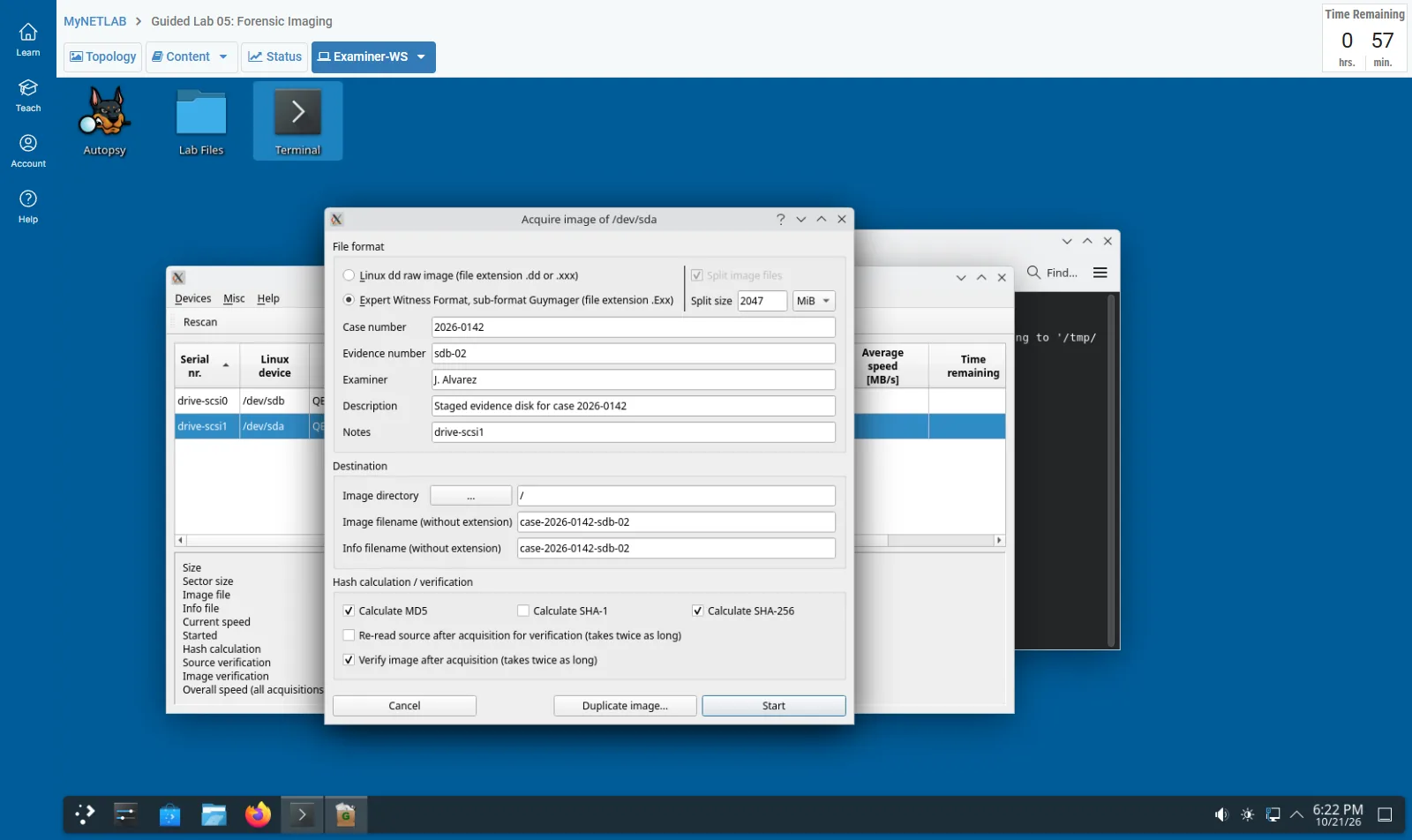 NDG lab interface with the Examiner-WS console open: Guymager's Acquire image dialog for the 8 GB evidence disk, with the case number, examiner, and hash options filled in