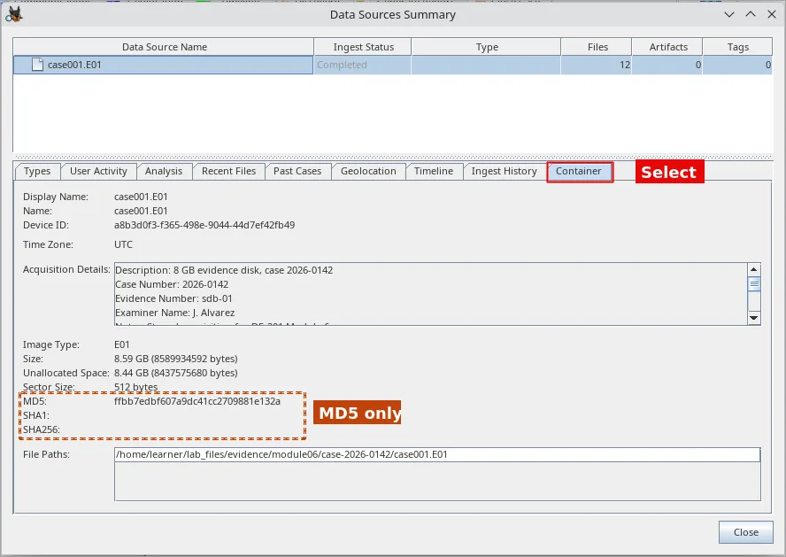 Autopsy's data source summary for an E01 evidence image, showing its acquisition details and stored MD5 hash