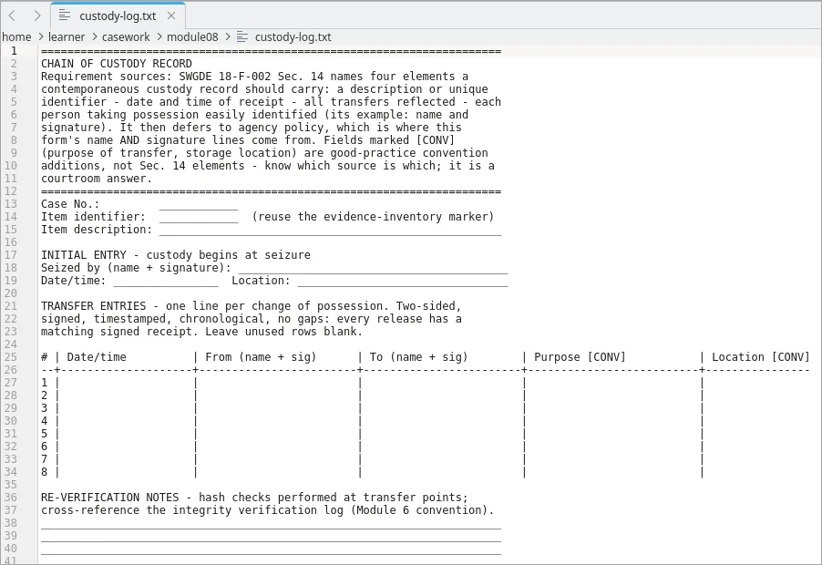 A chain of custody record template open in a text editor, with initial-entry and transfer-entry fields
