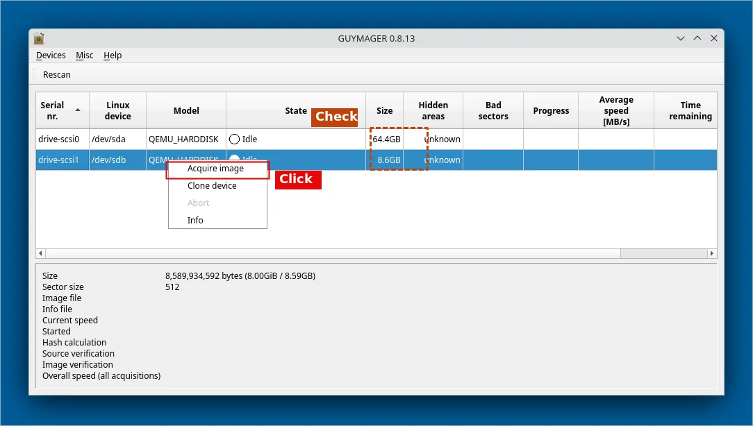 Guymager listing the examiner workstation's drives, with Acquire image selected on the attached 8 GB evidence disk