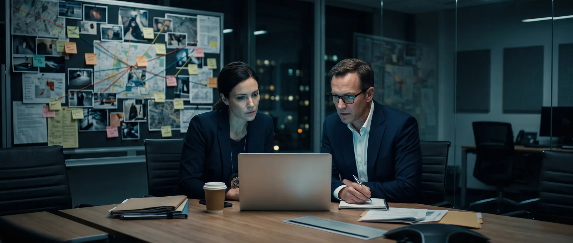 A detective and a prosecutor reviewing digital evidence on a laptop in a briefing room, with a case board behind them