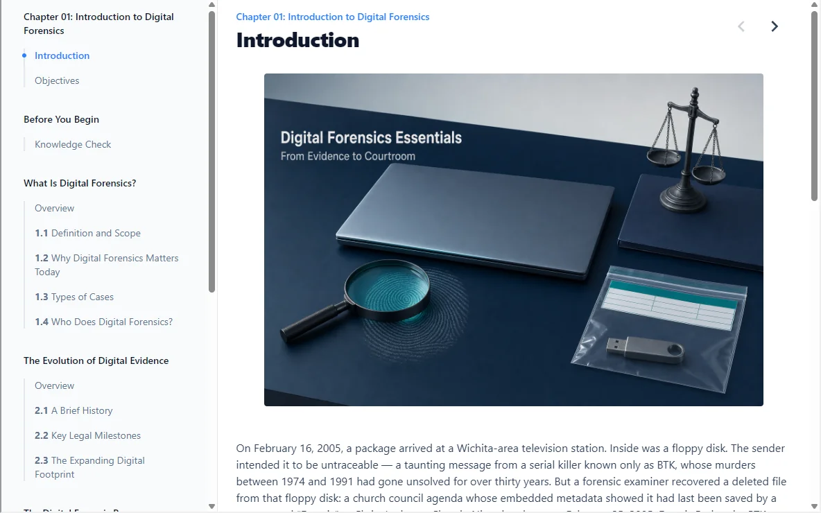 DFE-101 coursebook in the browser: chapter navigation beside a plain-language introduction that opens with a real case