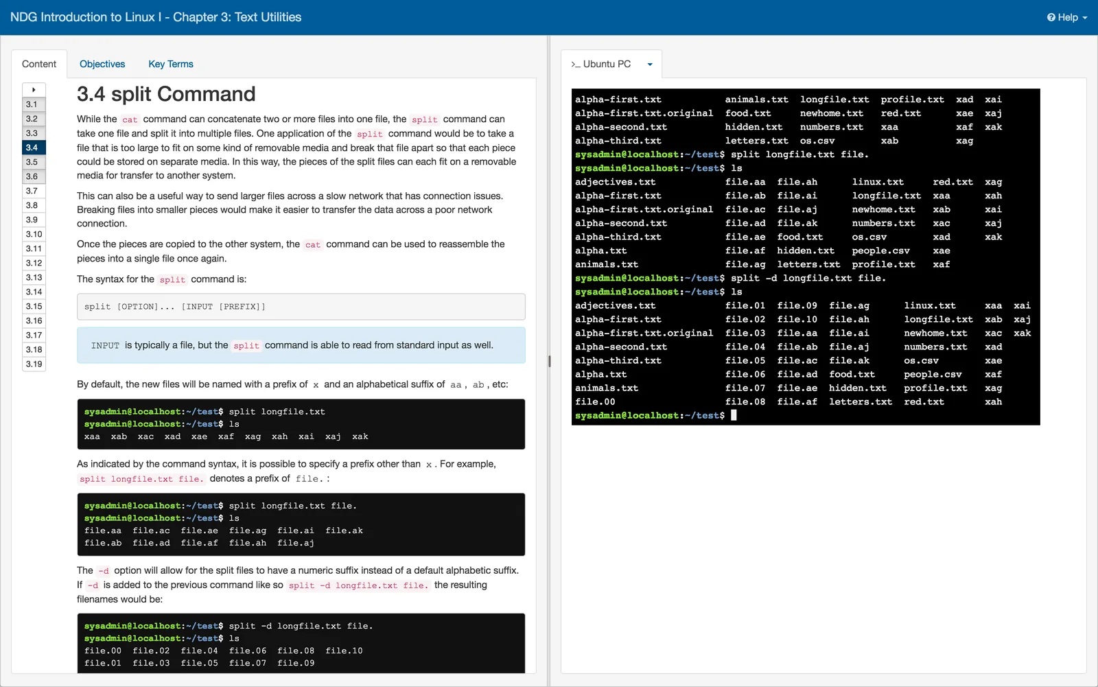 Introduction to Linux 1, Chapter 3: the split command explained on the left, run in an Ubuntu terminal on the right