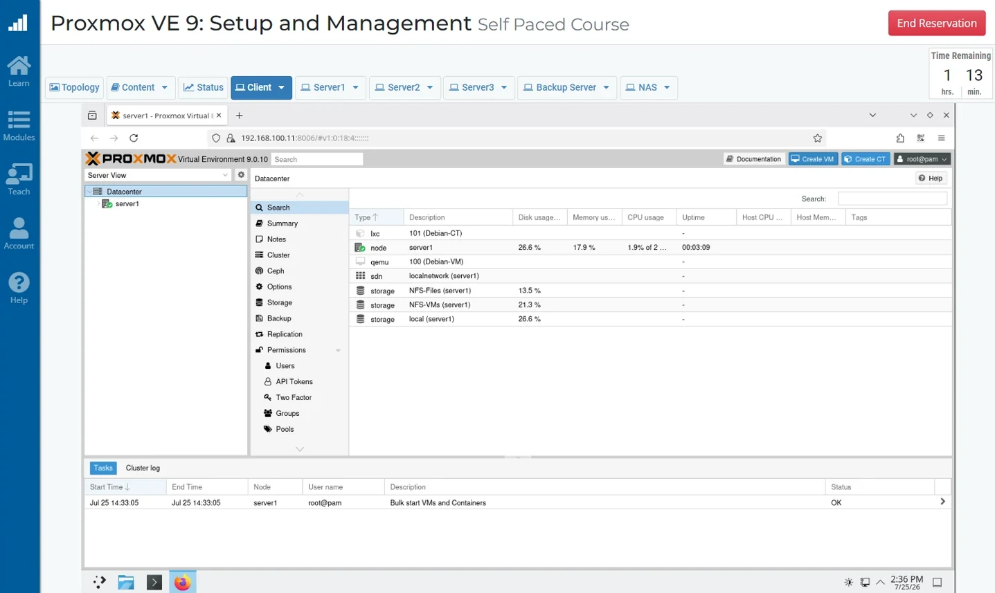 A Proxmox VE lab running inside the NDG course environment, with the course title bar, lab device tabs and a live server console